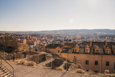 High angle view of houses against clear sky