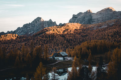 Scenic view of trees and houses against sky