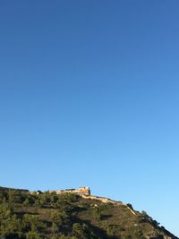 Low angle view of mountain against clear blue sky