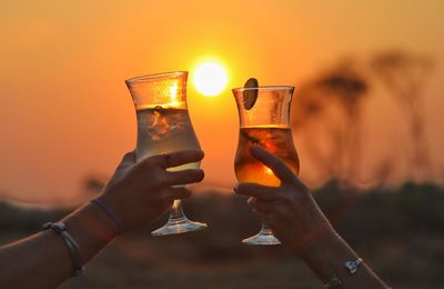 Cropped hand of people toasting wineglass during sunset