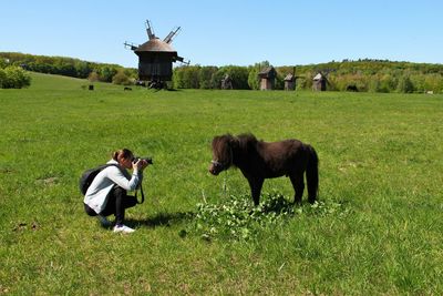 Woman photographing horse on landscape