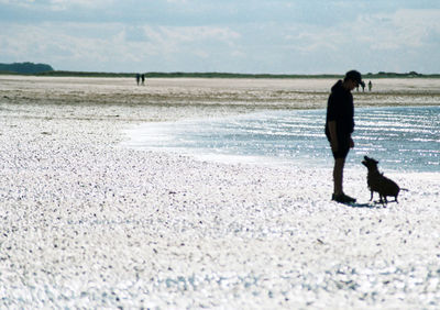 Woman with dog in background