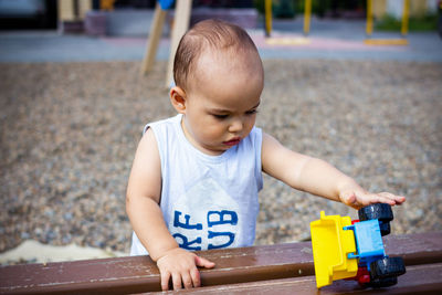 High angle view of boy playing in playground