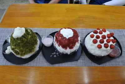 High angle view of dessert in plate on table