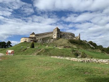 Old building on field against sky