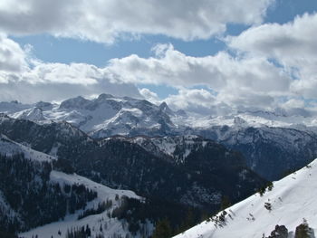 Scenic view of snowcapped mountains against sky