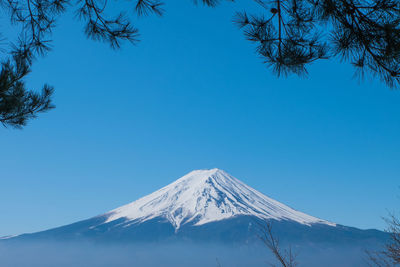 Scenic view of snowcapped mountains against clear blue sky