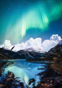 Scenic view of snowcapped mountains against sky at night