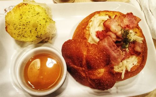 High angle view of breakfast served in plate