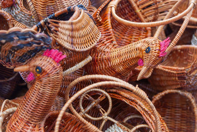 Wicker rattan souvenirs at a rural market in the carpathians. full frame shot of wicker basket