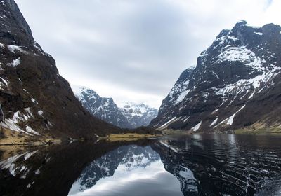 Scenic view of lake and snowcapped mountains against sky