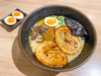 High angle view of breakfast served on table