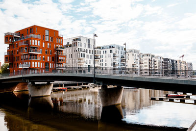 Bridge over river with city in background