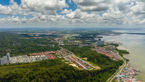 Aerial drone of city of sandakan capital of the sandakan district in sabah, malaysia.