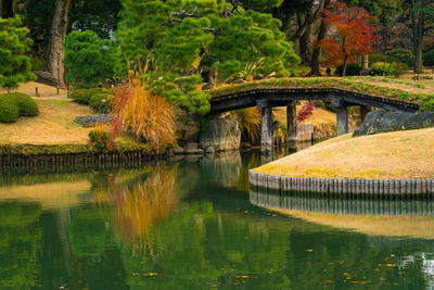 Bridge over lake against trees during autumn