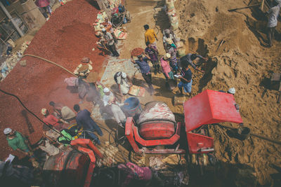 High angle view of people on floor