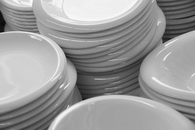 Close-up of plates stacks at store