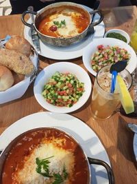 High angle view of meal served on table