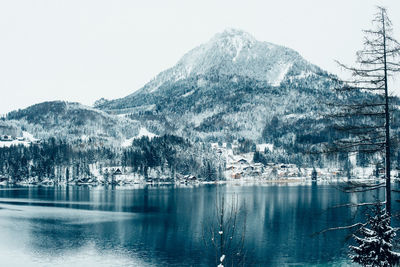 Scenic view of lake by snowcapped mountains against sky