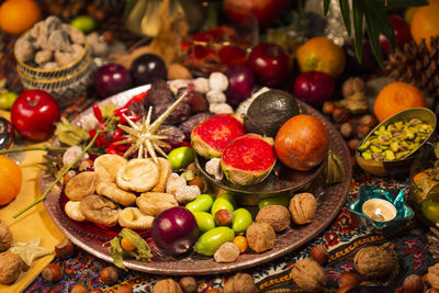 Close-up of fruits in basket on table