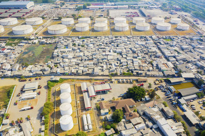 High angle view of buildings and houses in city