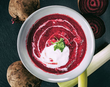 High angle view of dessert in bowl on table