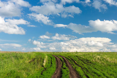 Scenic view of country road in the field against sky