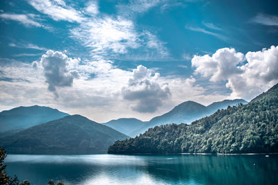 Scenic view of lake and mountains against sky