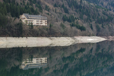 Scenic view of dam on mountain