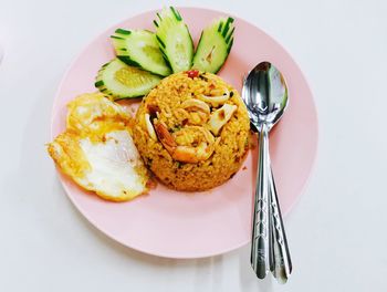 High angle view of breakfast served in plate