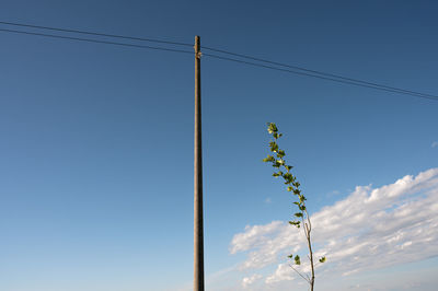 Low angle view of electricity pylon against blue sky