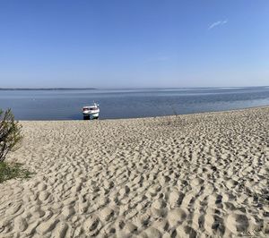 Scenic view of beach against clear blue sky