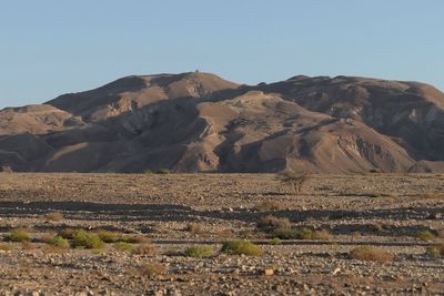 Arid landscape and mountain against clear sky