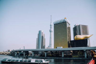 Low angle view of urban skyline against clear sky