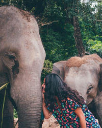 Woman touching elephant while standing in zoo