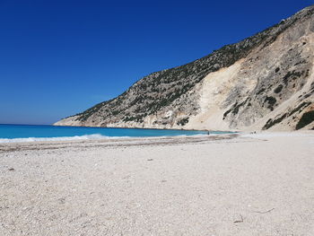 Scenic view of beach against clear blue sky