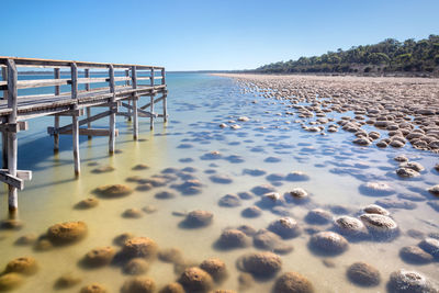 Scenic view of beach against clear sky