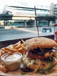 Close-up of burger on table