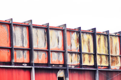 Close-up of multi colored wall against clear sky