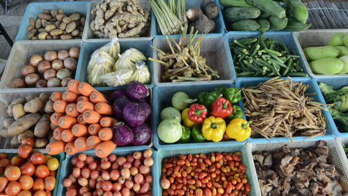 High angle view of vegetables for sale at market