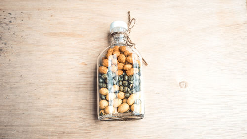 High angle view of food in bottle on table