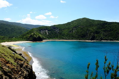 Scenic view of sea and mountains against blue sky
