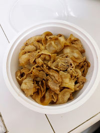 High angle view of food in bowl on table