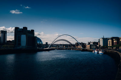 Bridge over river with buildings in background