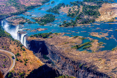 Amazing aerial view of the victoria falls with lower water between zambia and zimbabwe