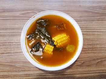 High angle view of soup in bowl on table