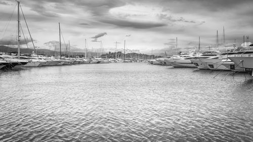 Sailboats moored on harbor against sky