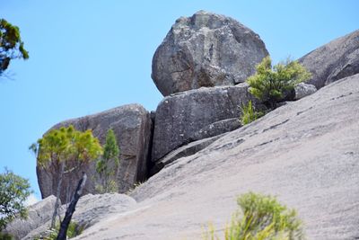 Low angle view of rocks against clear sky