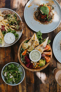 High angle view of meal served on table