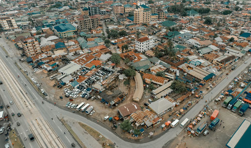 High angle view of buildings in city